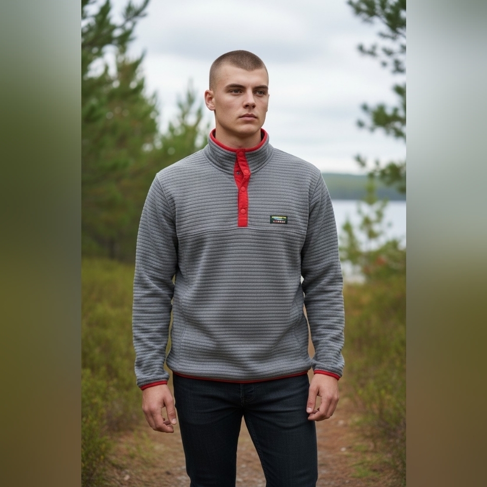 LL Bean Men's Size Large Airlight Knit Ribbed Snap Pullover Gray Red Fitted